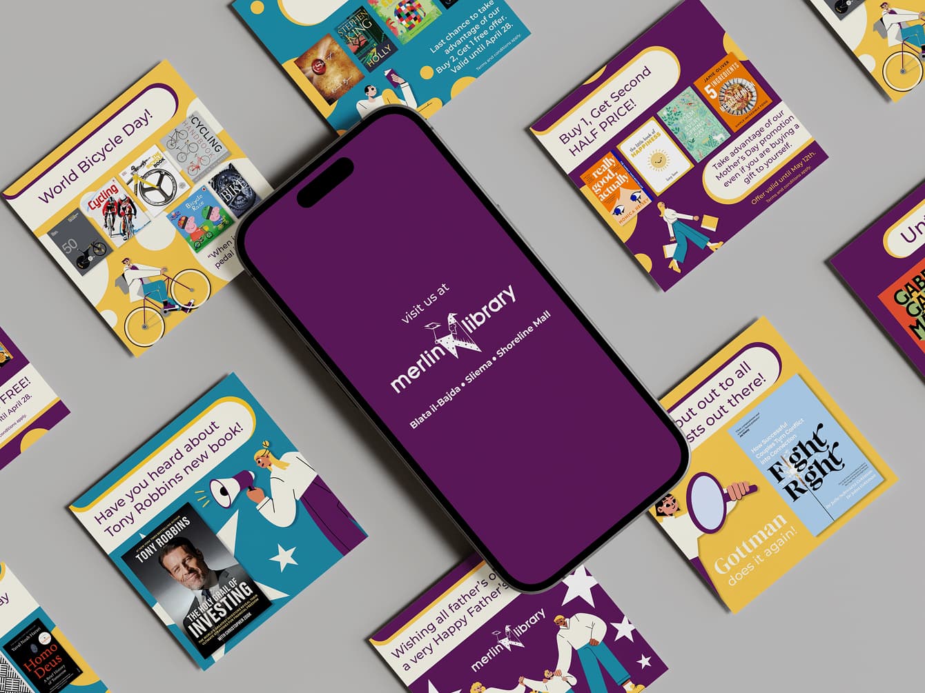 Merlin Library Retail Graphic Design, Illustration, Print, Social Media design detail 9 — MBB, Malta