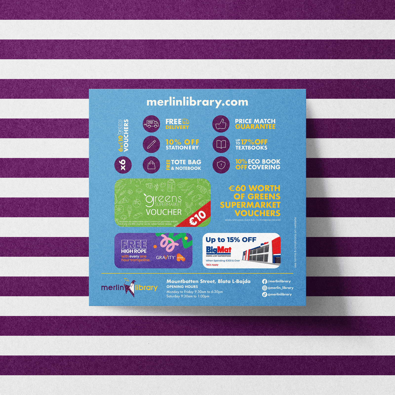 Merlin Library Retail Graphic Design, Illustration, Print, Social Media design detail 5 — MBB, Malta