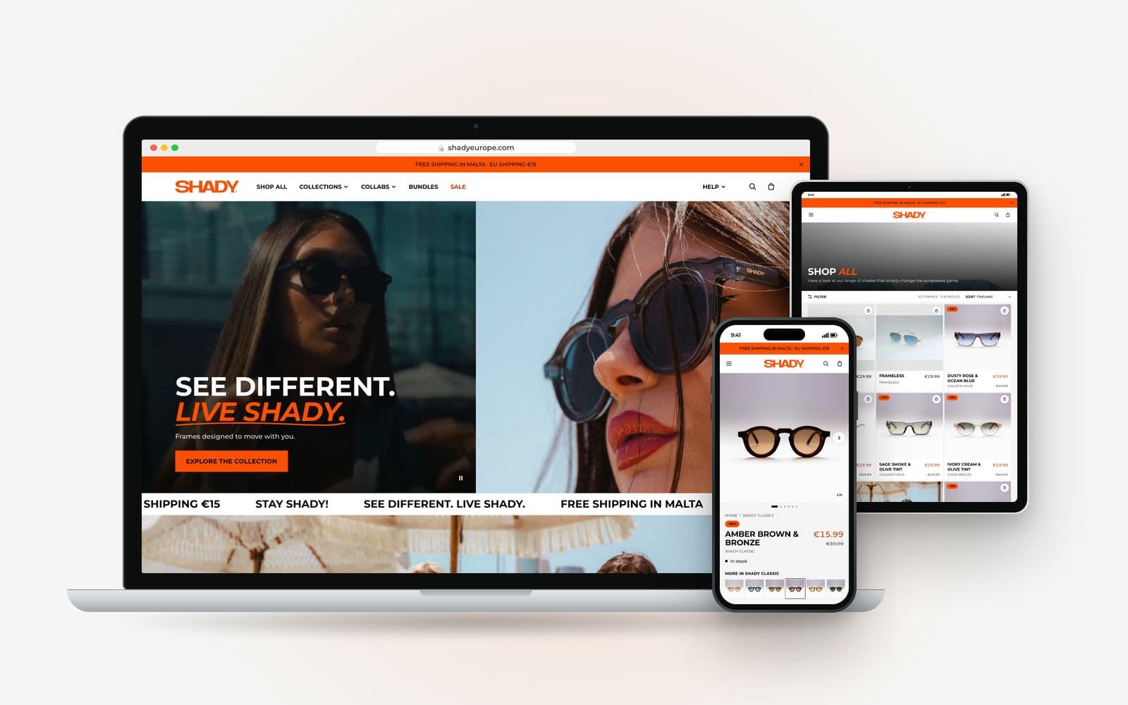 The new SHADY sunglasses website on a laptop, an iPad and an iPhone