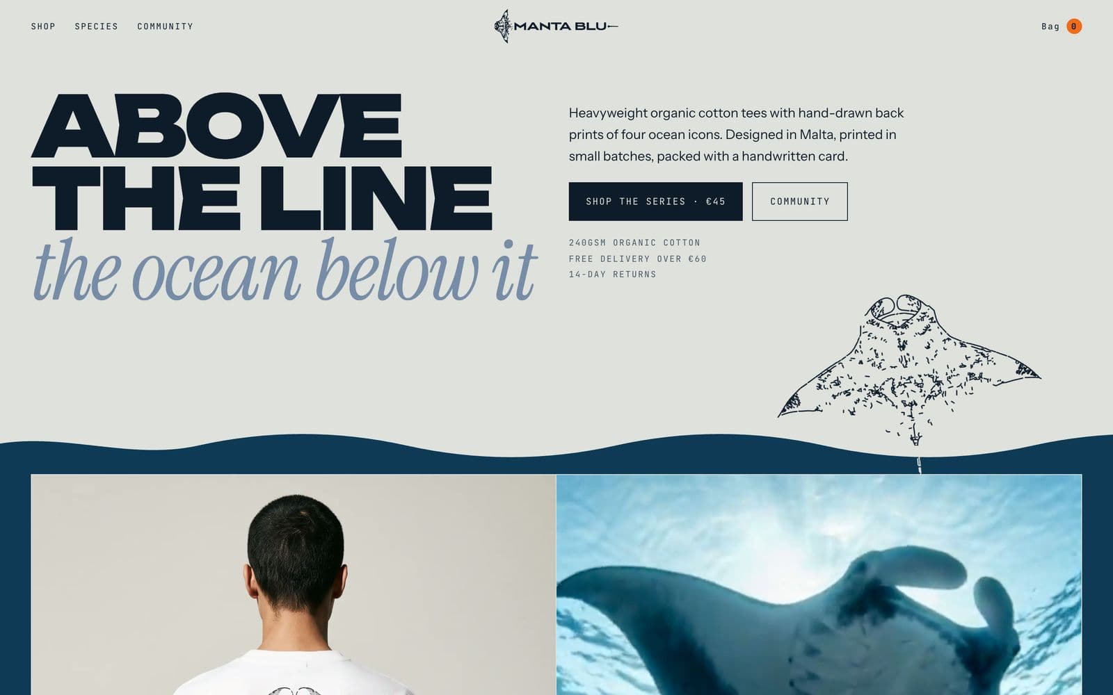 The mantablu.com homepage: Above the line, the ocean below it, with the manta breaking the waterline