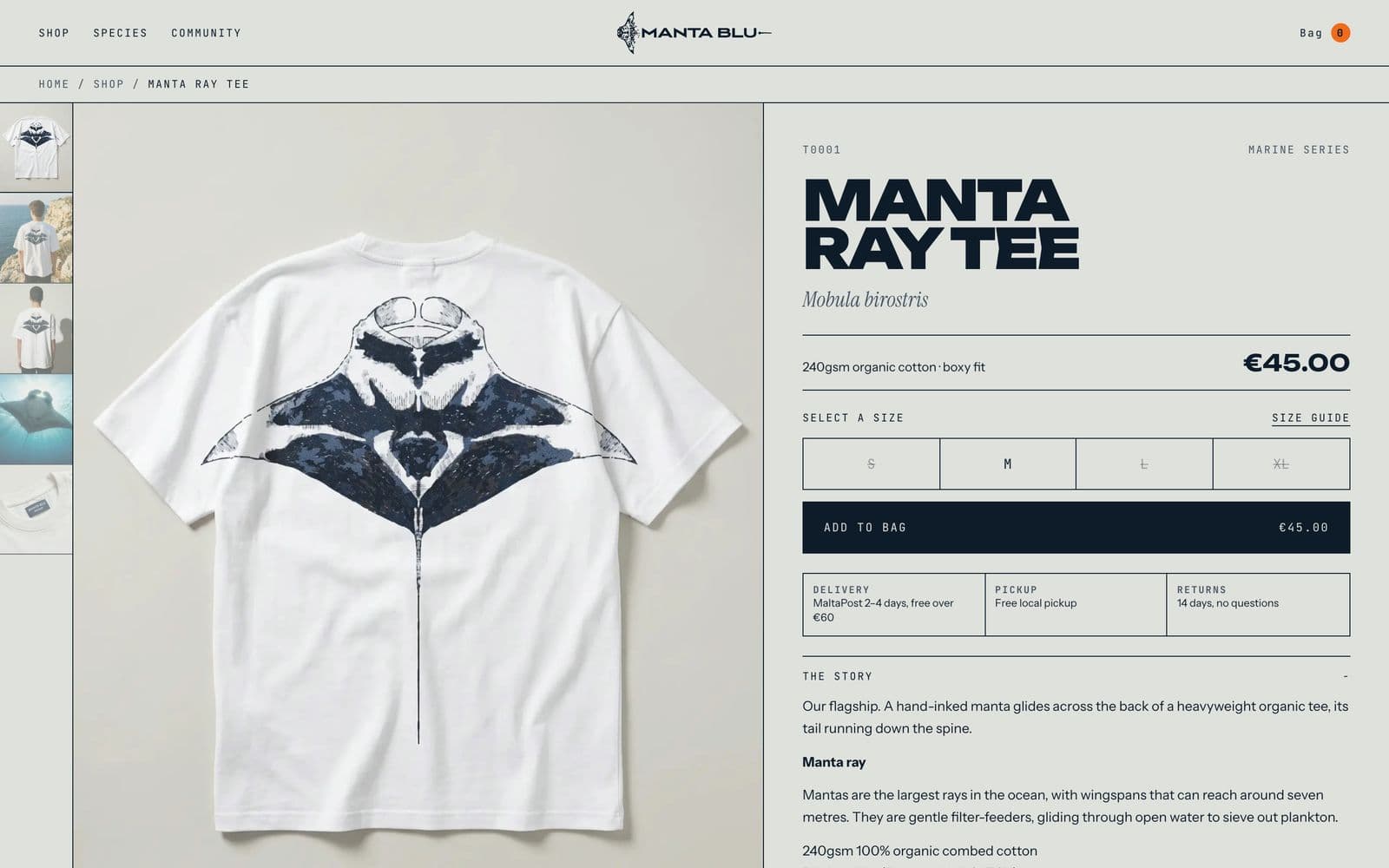 The Manta Ray Tee product page on mantablu.com, with size buttons and the story of the species