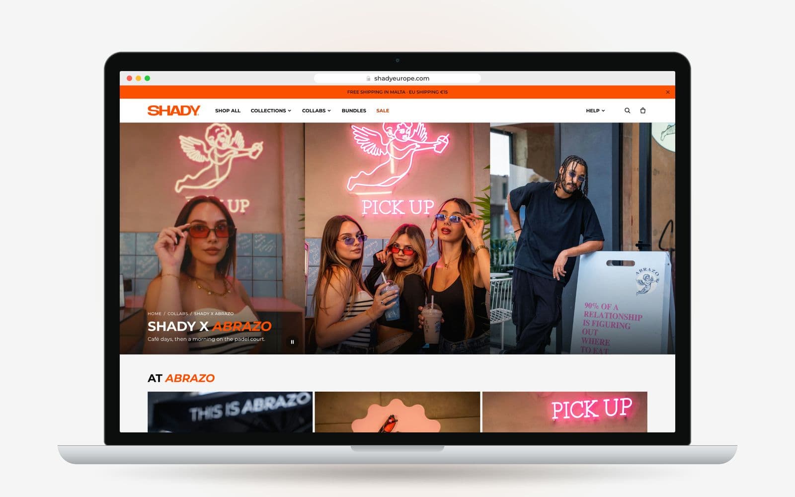 The Shady x Abrazo collab story page on a laptop