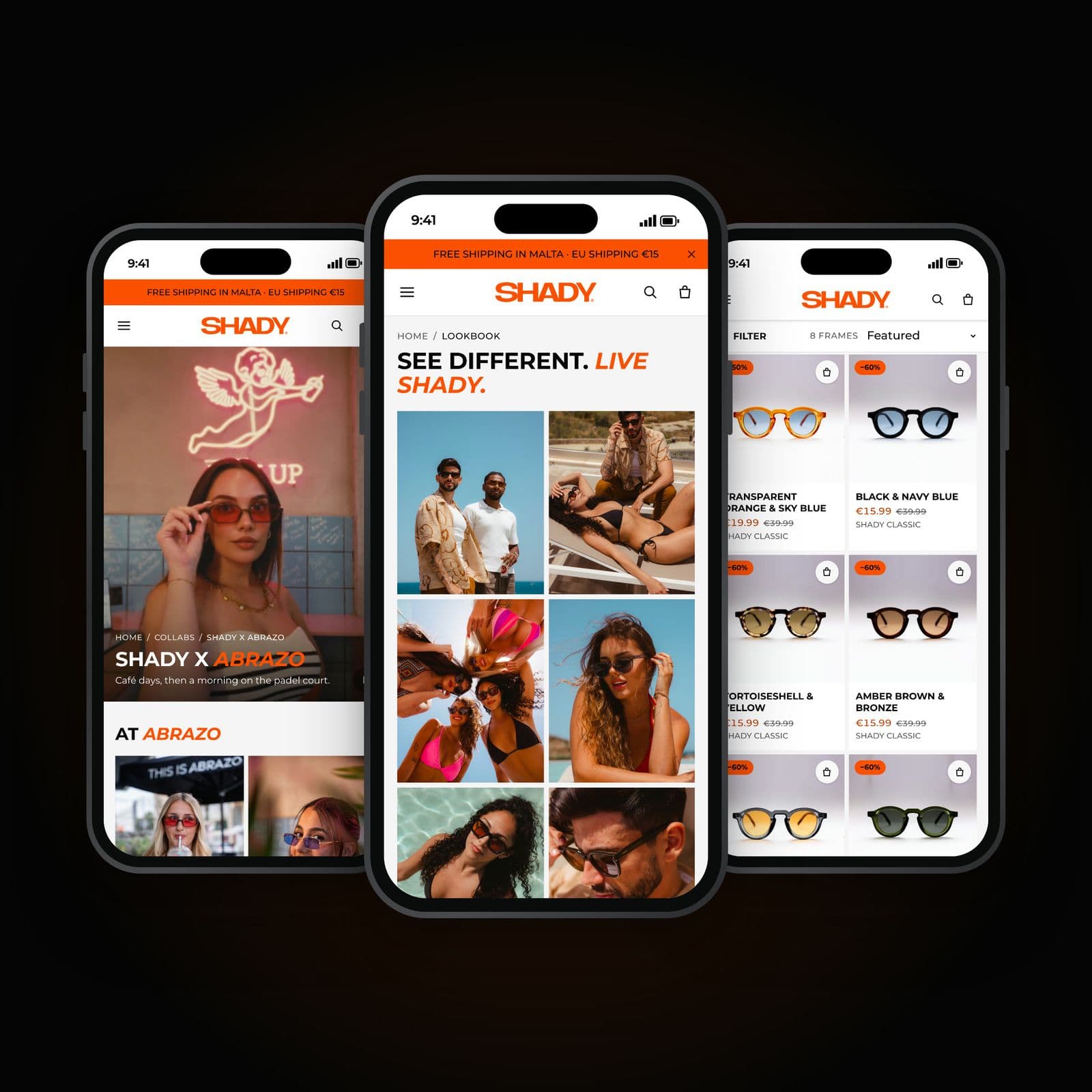 Three iPhones showing a SHADY collab story, the lookbook and a collection
