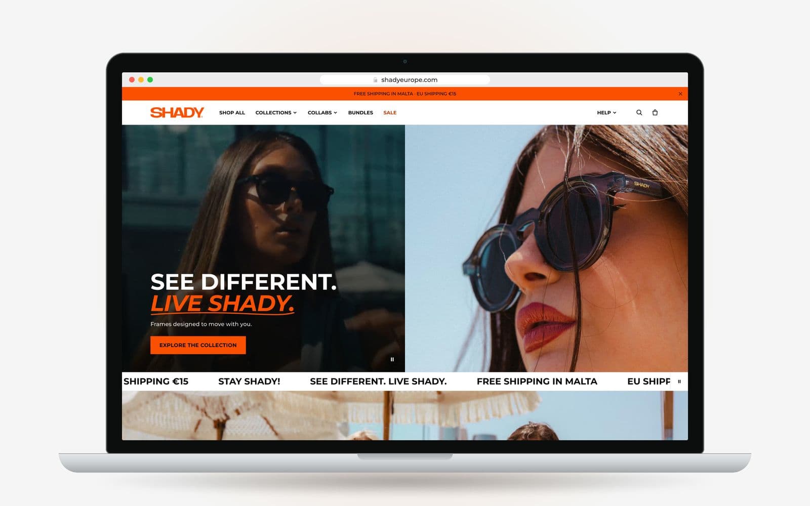 The SHADY homepage on a laptop, opening on the brand film and the line See different. Live Shady.
