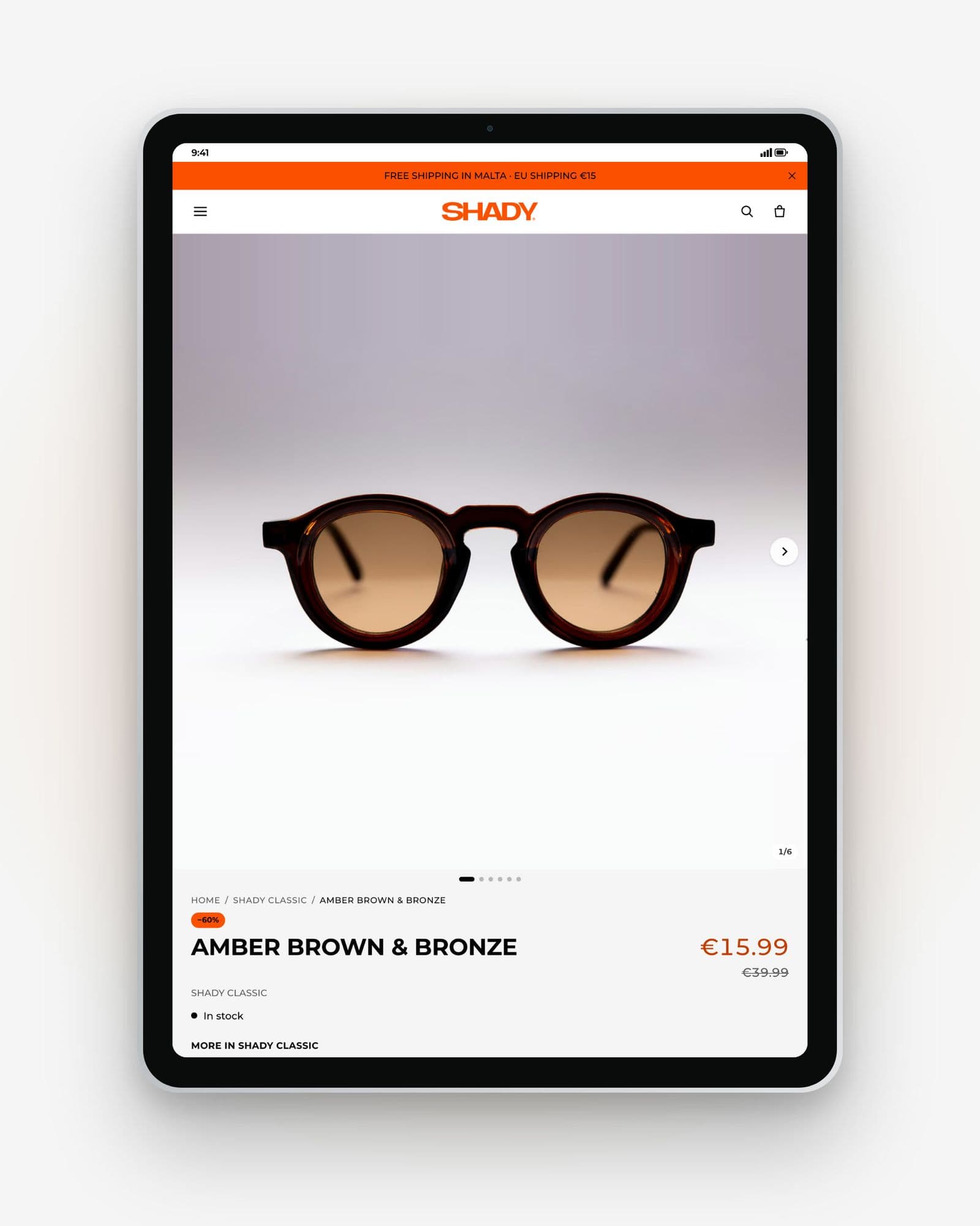 The SHADY product page for Amber Brown & Bronze on an iPad