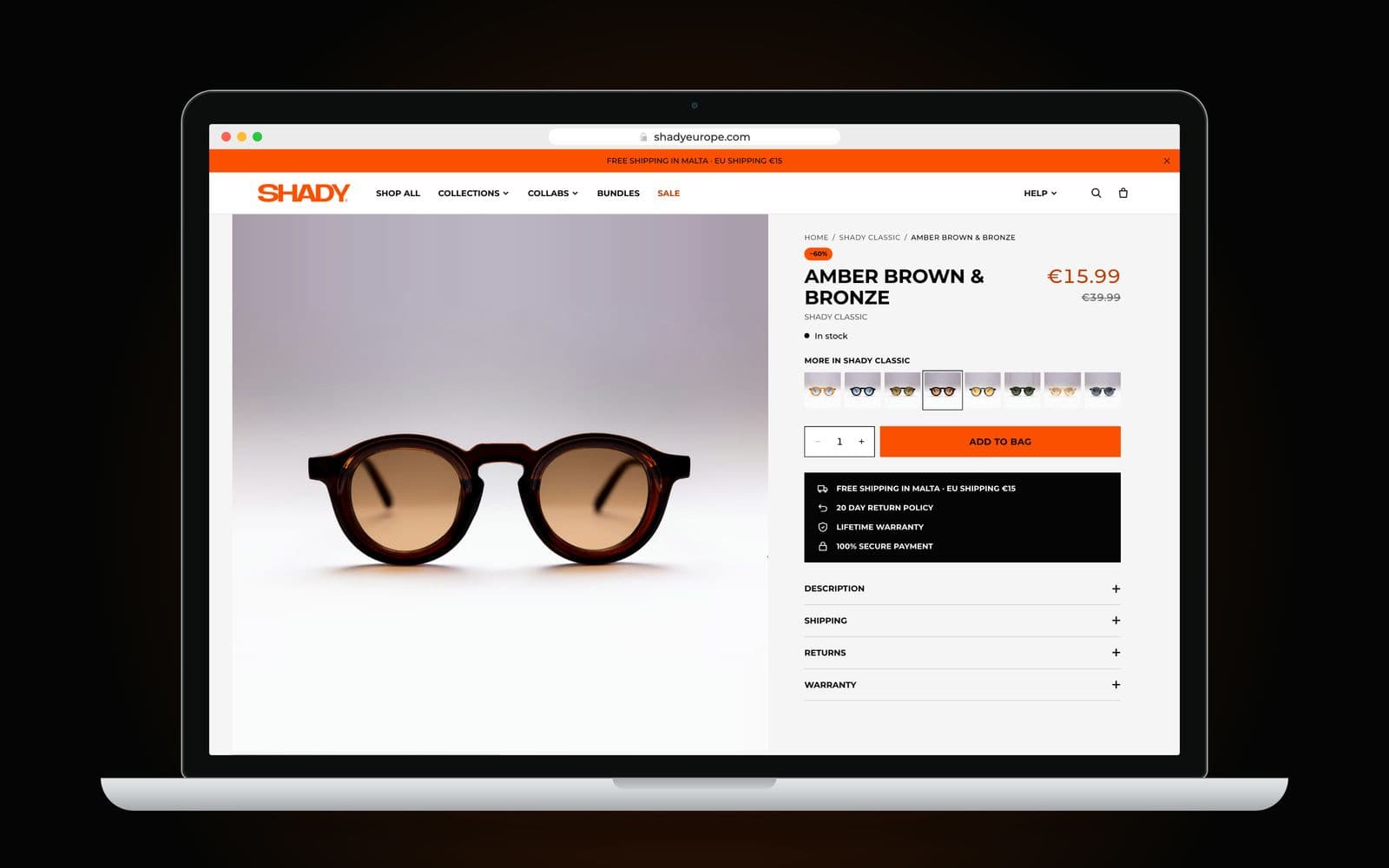 The SHADY product page for Amber Brown & Bronze on a laptop