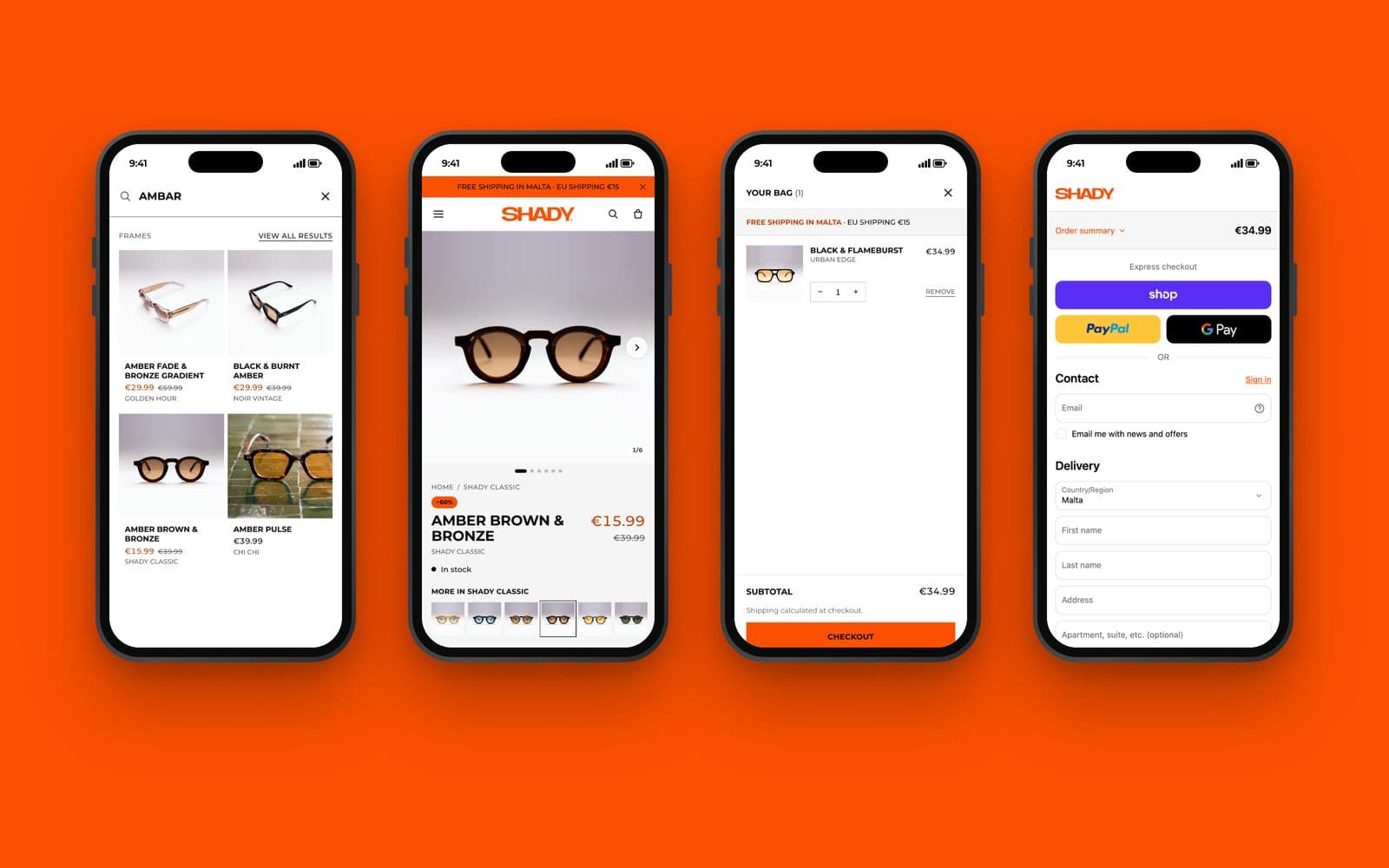 Four iPhones showing SHADY search, a product page, the bag and the Shopify checkout