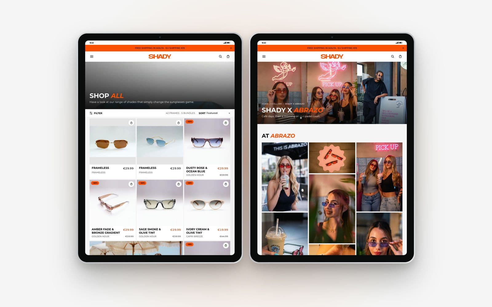 The SHADY shop and the Shady x Abrazo collab story on two iPads