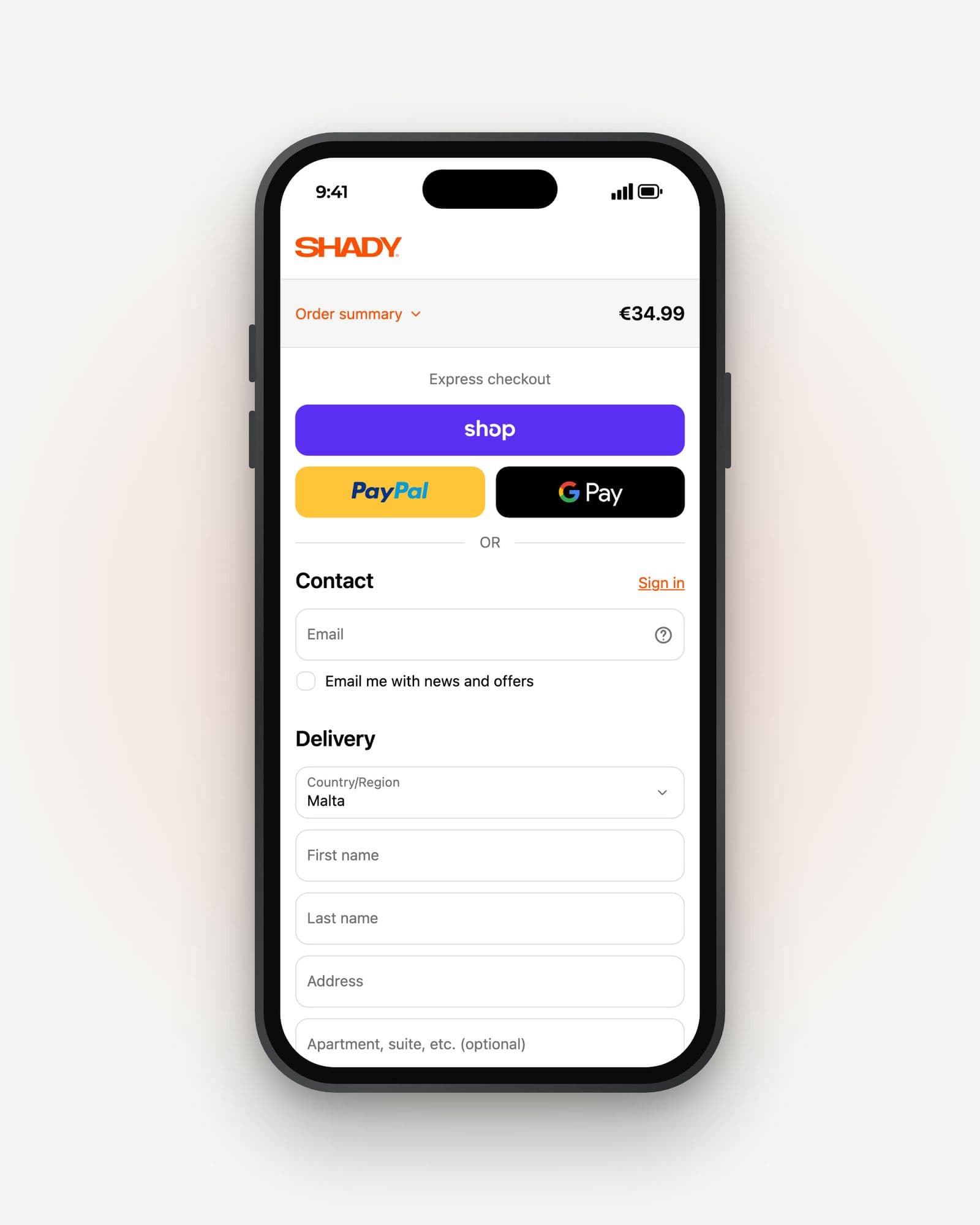 The SHADY Shopify checkout on checkout.shadyeurope.com on an iPhone, with Shop Pay, PayPal and Google Pay